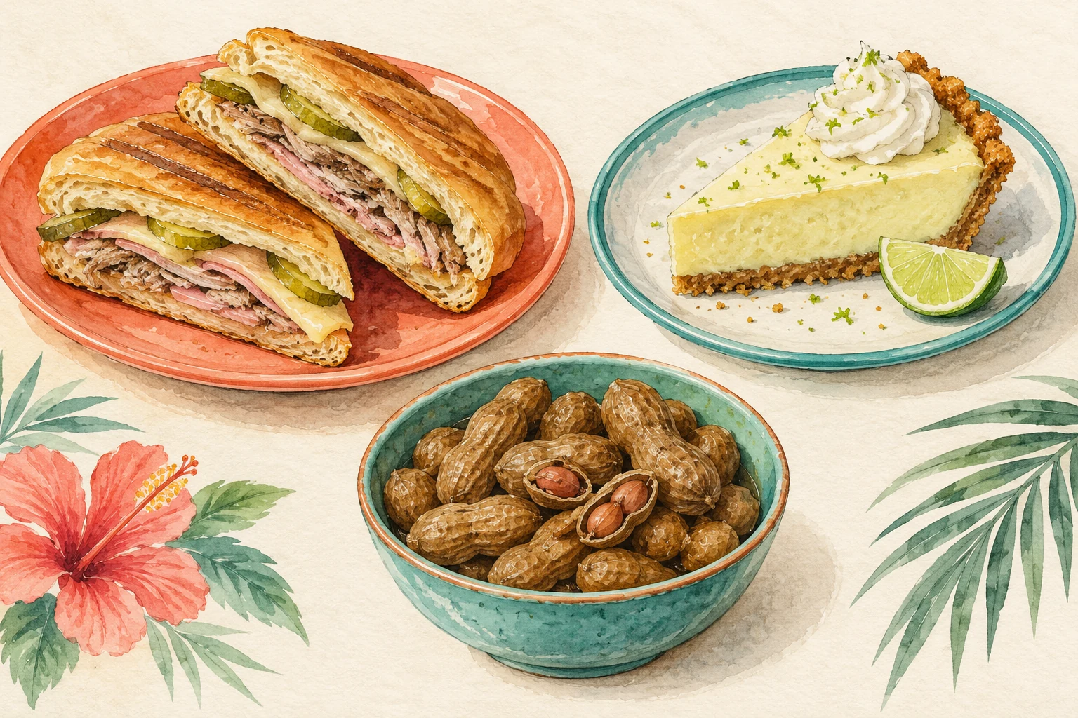 Watercolor illustration of a pressed Cuban-style sandwich, a key lime pie slice and boiled peanuts in shells