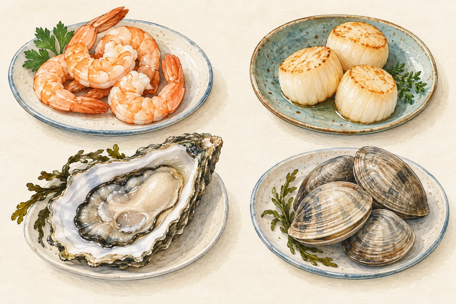 Conceptual illustration comparing shrimp, scallop meat, oyster half shells and closed clam shells